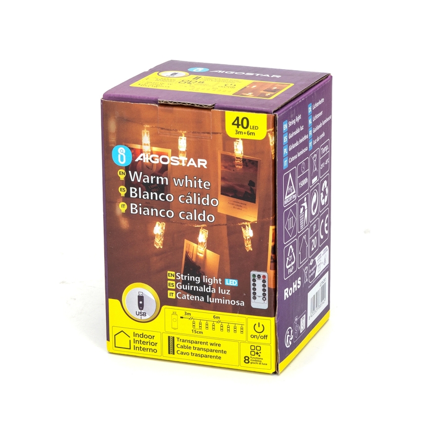 Aigostar - dekoracyjny łańcuch LED 40xLED/5W/USB 9 m ciepła biała