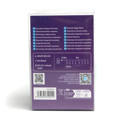 Aigostar - dekoracyjny łańcuch LED z klamerkami, 20 diod LED, zasilanie 3 x AA, długość 3,3 m, ciepła biel