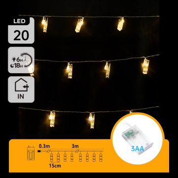 Aigostar - dekoracyjny łańcuch LED z klamerkami 20xLED/3xAA 3,3 m ciepła biała