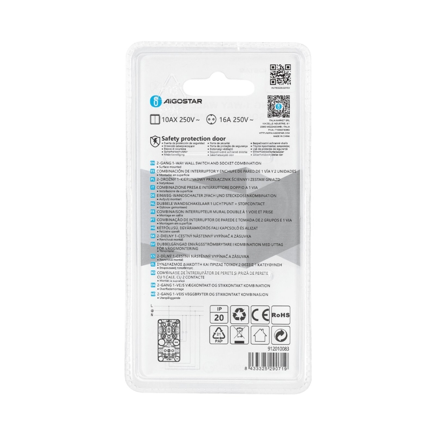 Aigostar - Przełącznik domowy 2P z gniazdkiem 1x10A/250V SCHUKO