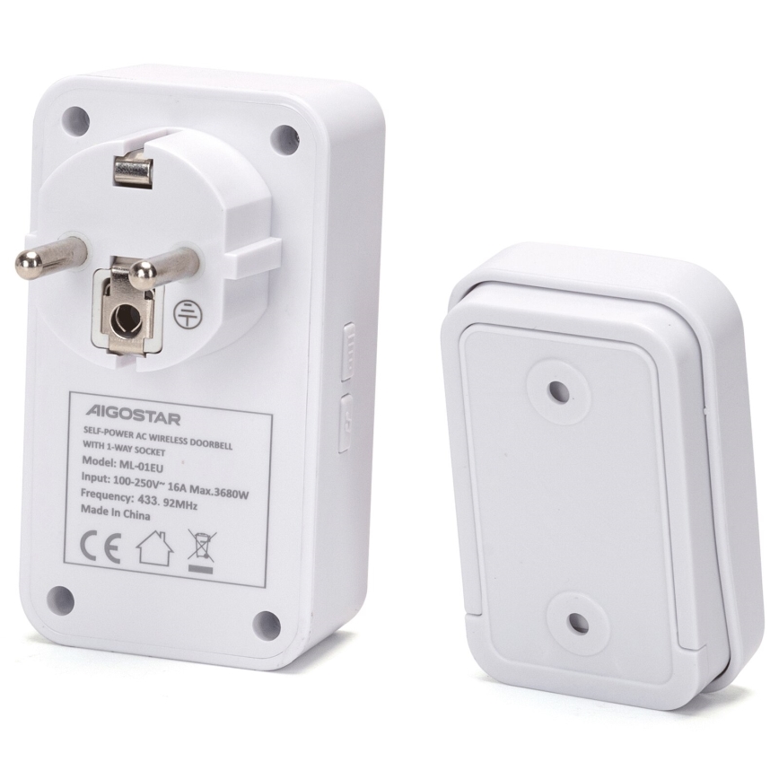 Aigostar - Dzwonek bezprzewodowy do kontaktu 1Z 230V IPX4 biały