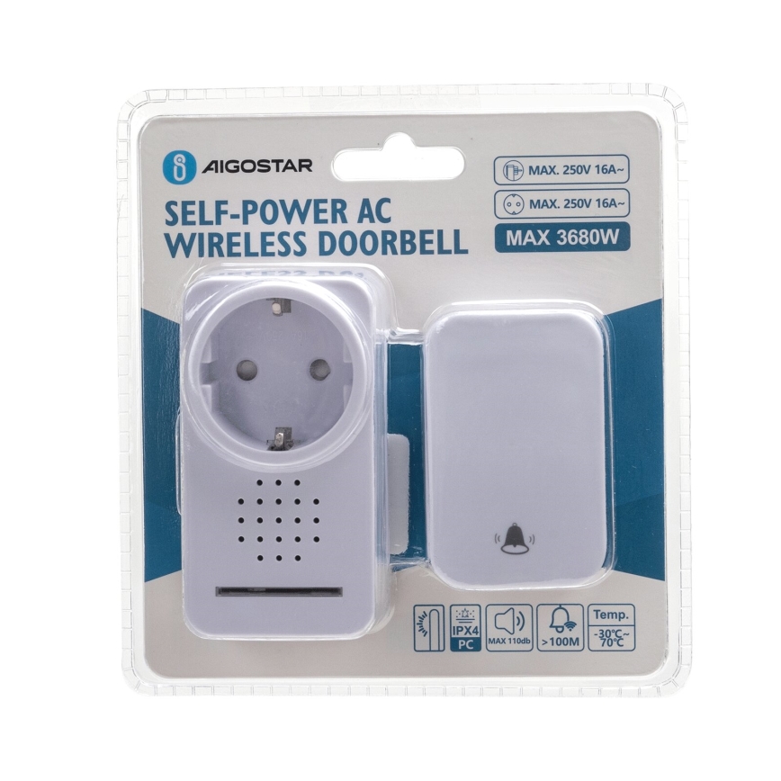 Aigostar - Dzwonek bezprzewodowy do kontaktu 1Z 230V IPX4 biały