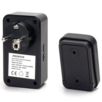 Aigostar - Dzwonek bezprzewodowy do kontaktu 1Z 230V IPX4 czarny