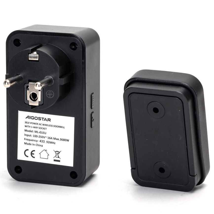 Aigostar - Dzwonek bezprzewodowy do kontaktu 1Z 230V IPX4 czarny
