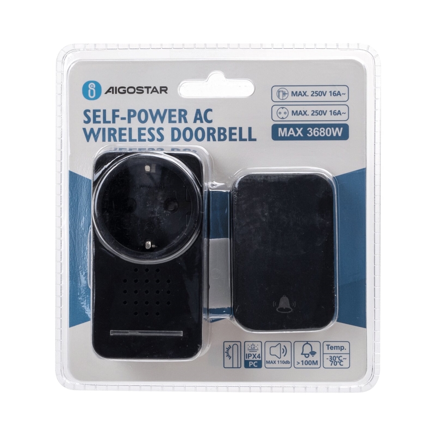 Aigostar - Dzwonek bezprzewodowy do kontaktu 1Z 230V IPX4 czarny