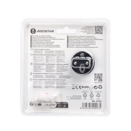 Aigostar - Dzwonek bezprzewodowy do kontaktu 1Z 230V IPX4 czarny