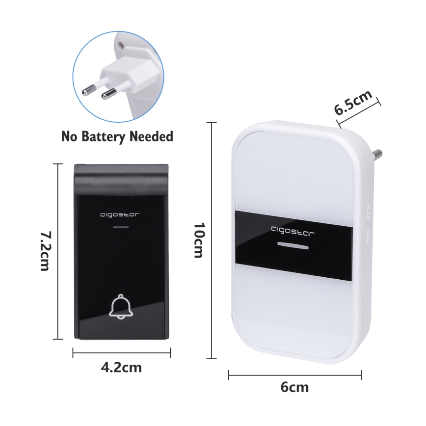 Aigostar - Dzwonek bezprzewodowy do kontaktu 230V/12V IP44 biały/czarny
