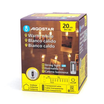 Aigostar - Girlanda dekoracyjna LED 20xLED/5W/USB 6 m ciepła biel