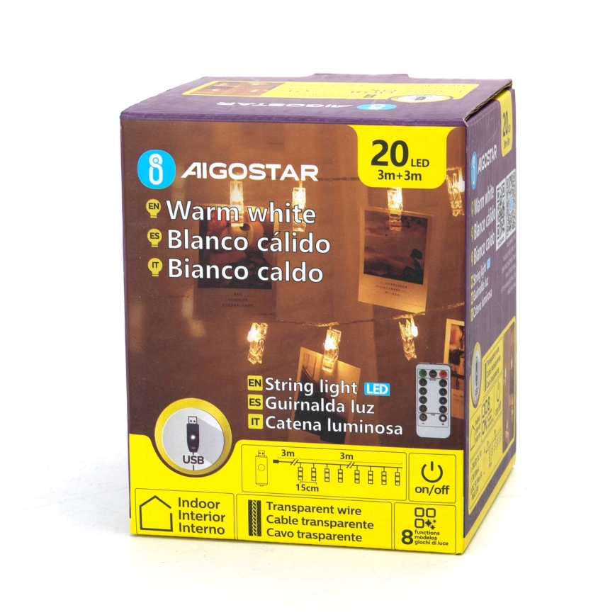 Aigostar - Girlanda dekoracyjna LED 20xLED/5W/USB 6 m ciepła biel