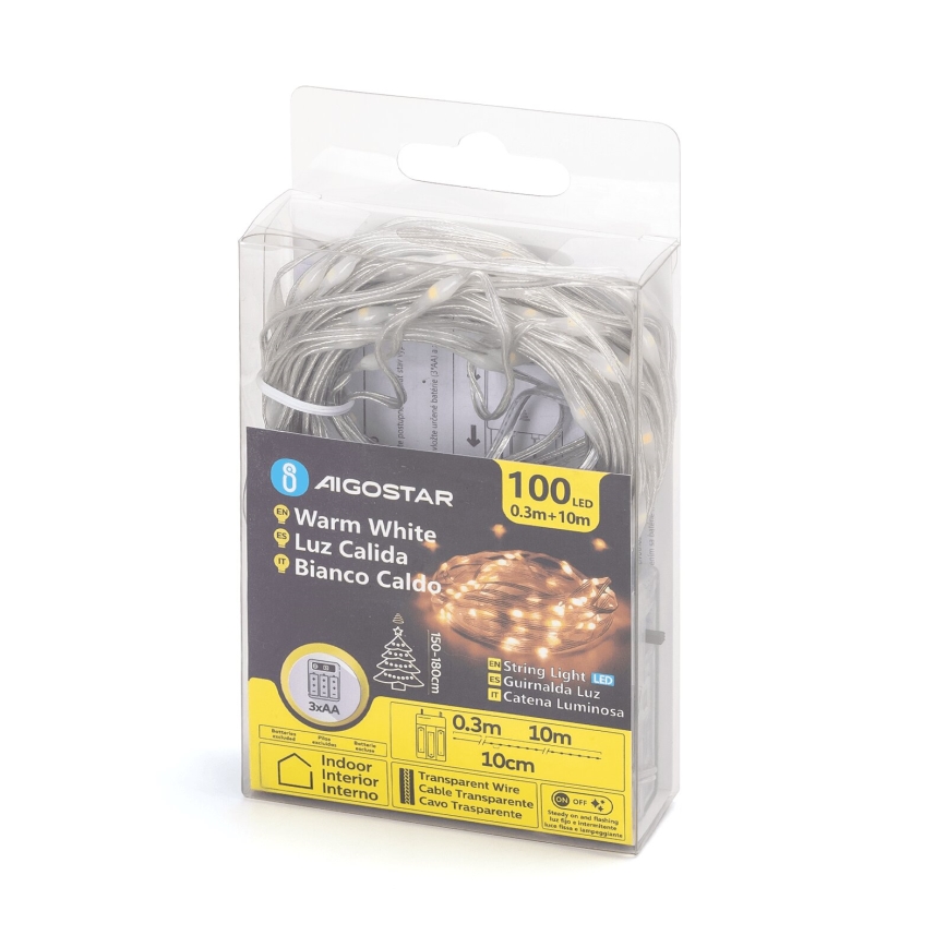 Aigostar - Girlanda LED 100xLED/3xAA 10,3m ciepła biel