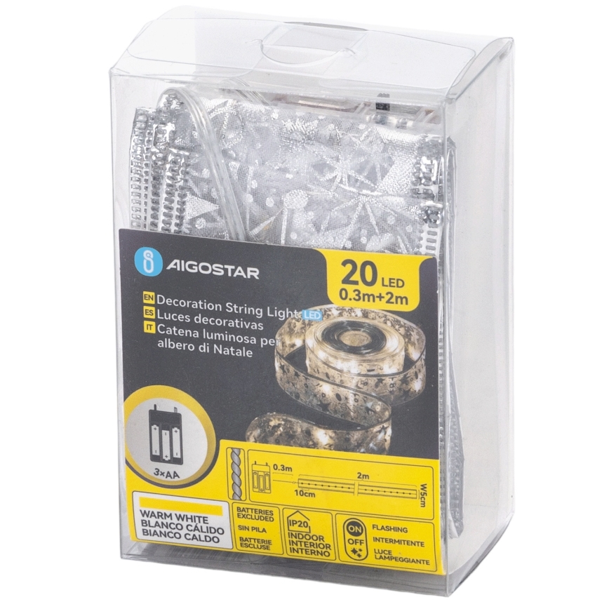 Aigostar - Girlanda LED 20xLED/3xAA 2 m ciepła biała srebrna