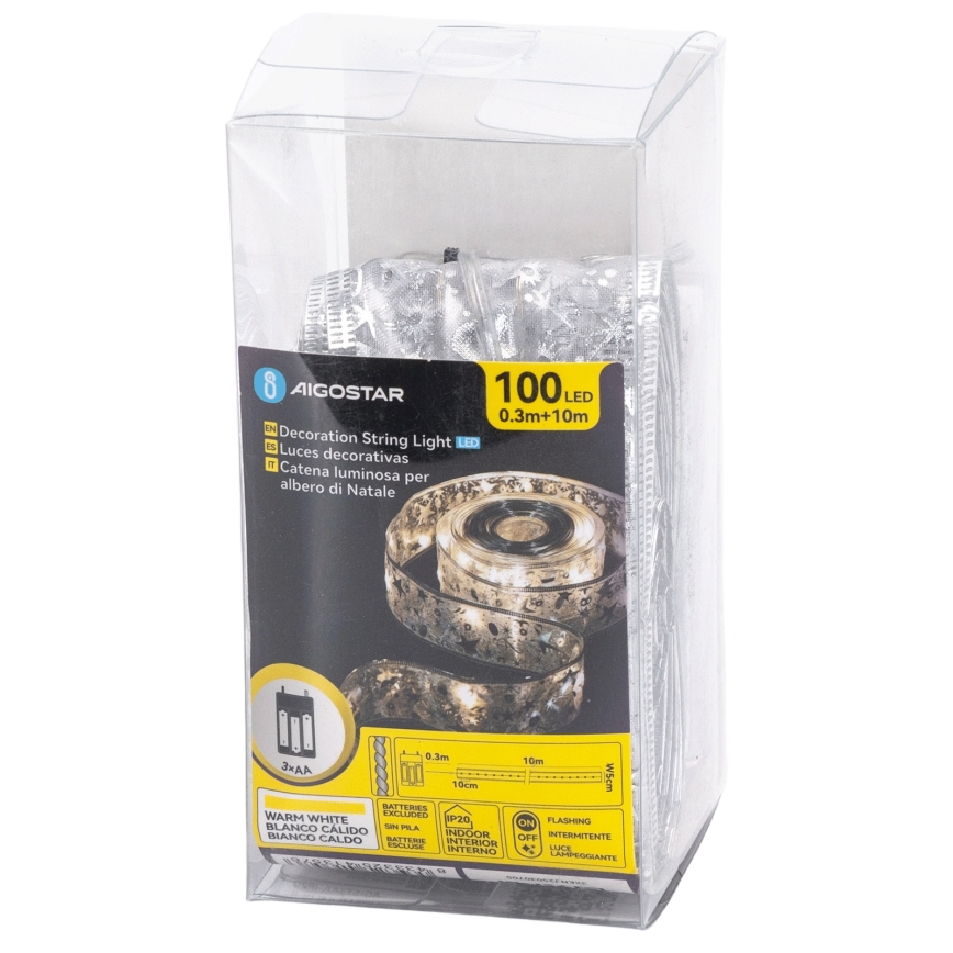 Aigostar - LED łańcuch świąteczny 100 diod LED / zasilanie 3×AA, 10 m, ciepła biel, srebrny