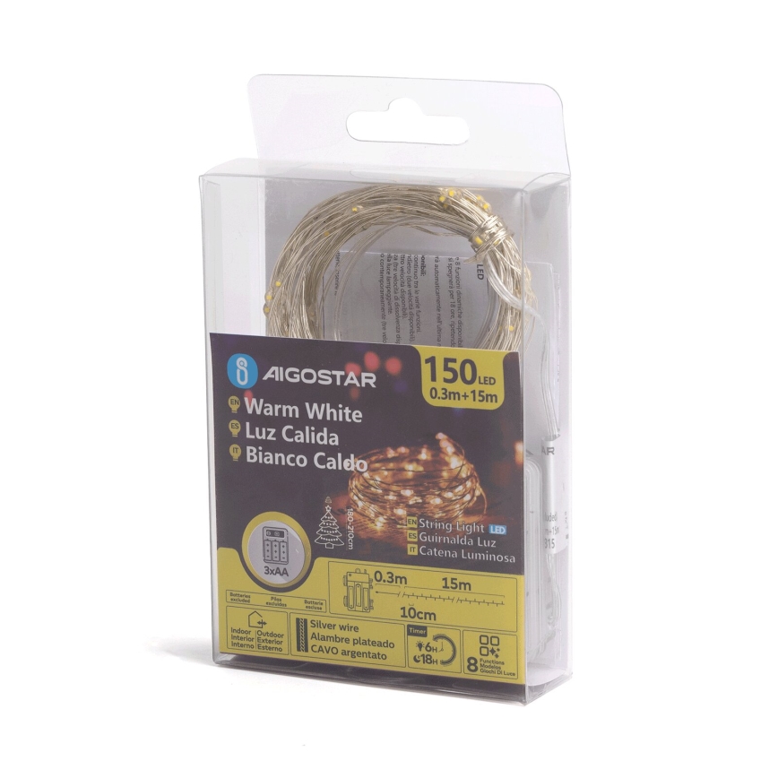 Aigostar - Girlanda świetlna LED do użytku zewnętrznego, 150 diod LED, 8 trybów, zasilanie 3x AA, długość 15,3 m, IP44, ciepłe białe światło