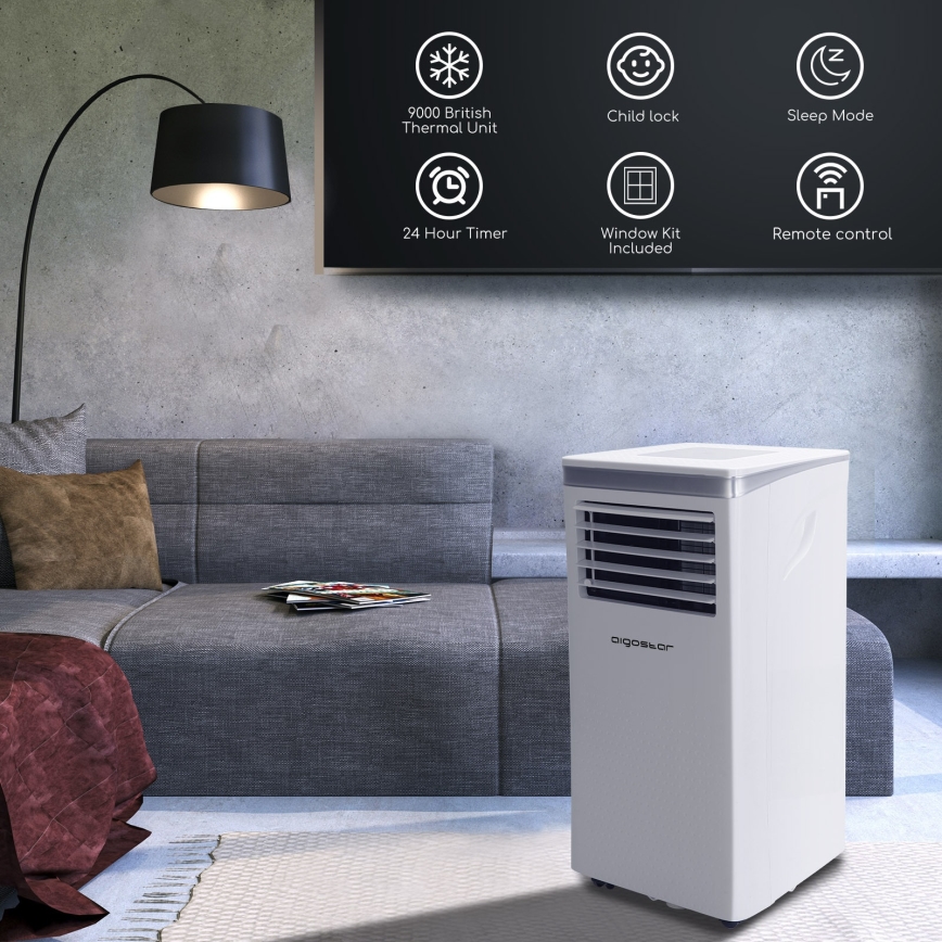 Aigostar - Inteligentny klimatyzator przenośny 3 w 1 1003W/230V 9000 BTU Wi-Fi biały + pilot zdalnego sterowania