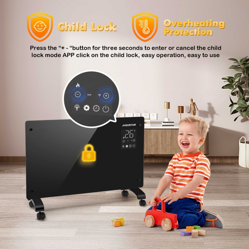 Aigostar - Inteligentny elektryczny grzejnik konwektorowy z wyświetlaczem LCD ECO/1000/2000W Wi-Fi