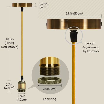 Aigostar - Kabel zasilający 1xE27/60W/230V złoty