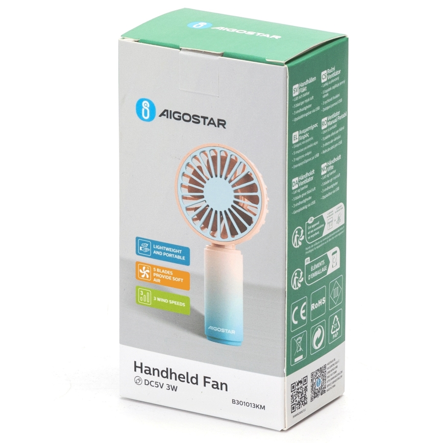 Aigostar - Kieszonkowy wentylator z akumulatorem 3W/5V 500mAh USB różowy/niebieski