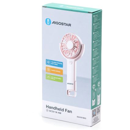 Aigostar - Kieszonkowy wentylator z akumulatorem 4,5W/3,7V 1200mAh USB różowy