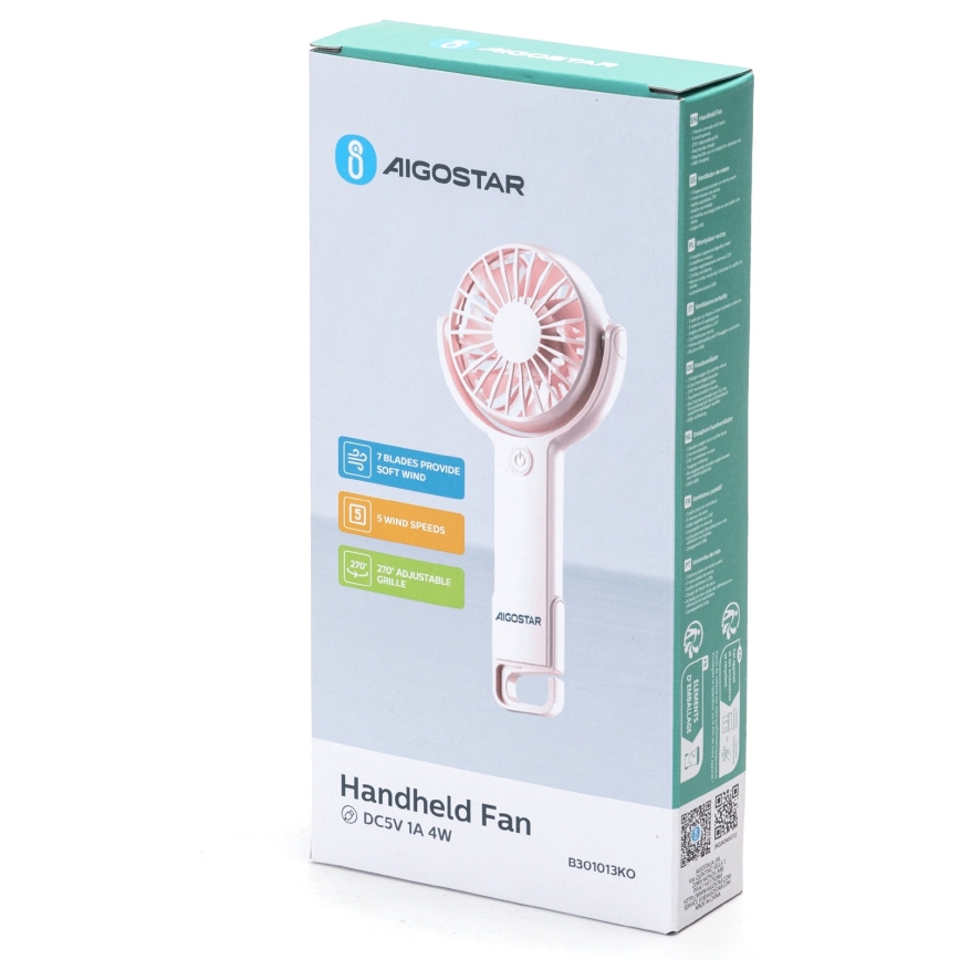 Aigostar - Kieszonkowy wentylator z akumulatorem 4,5W/3,7V 1200mAh USB różowy
