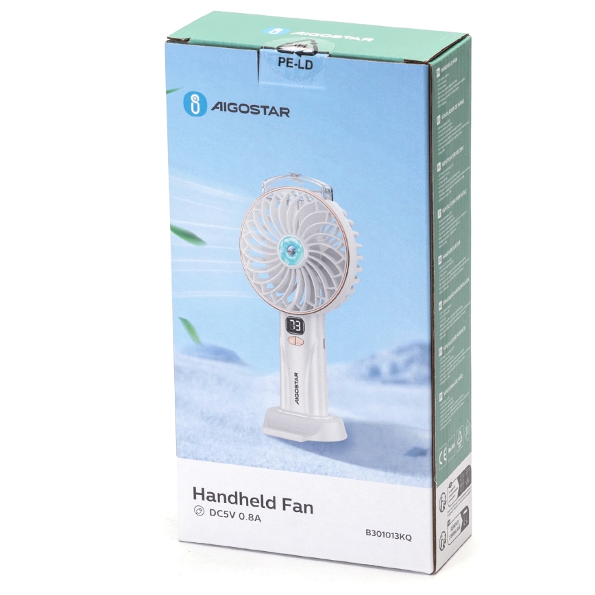 Aigostar - Kieszonkowy wentylator z akumulatorem 5W/5V 2400mAh USB biały