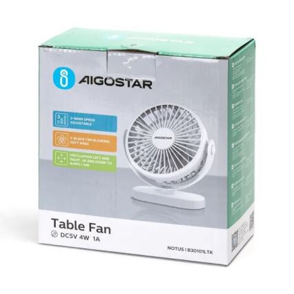 Aigostar - Ładowalny wentylator biurkowy 4W/5V 1500mAh biały