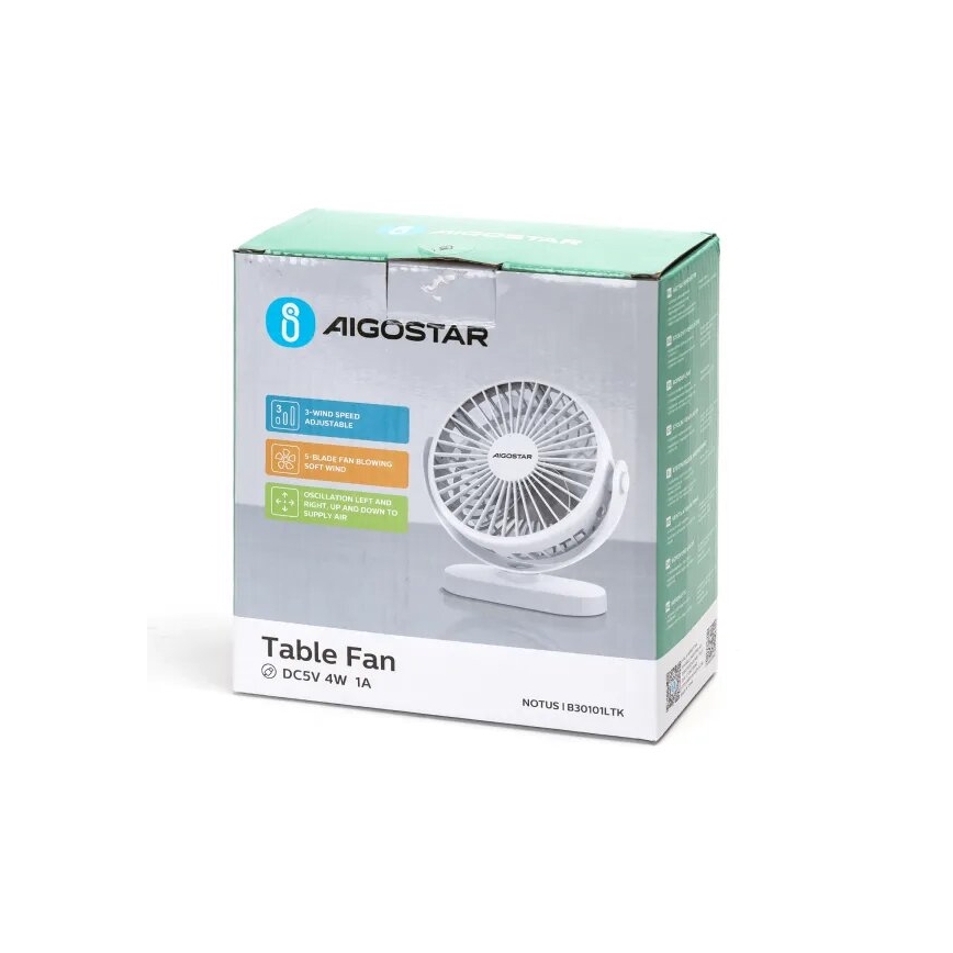 Aigostar - Ładowalny wentylator biurkowy 4W/5V 1500mAh biały