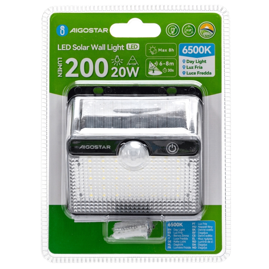Aigostar - Lampa solarna LED z czujnikiem LED/3,7V 6500K 1200 mAh IP65 czarna