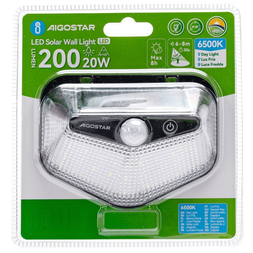 Aigostar - Lampa solarna LED z czujnikiem LED/3,7V 6500K 500 mAh IP65 czarna