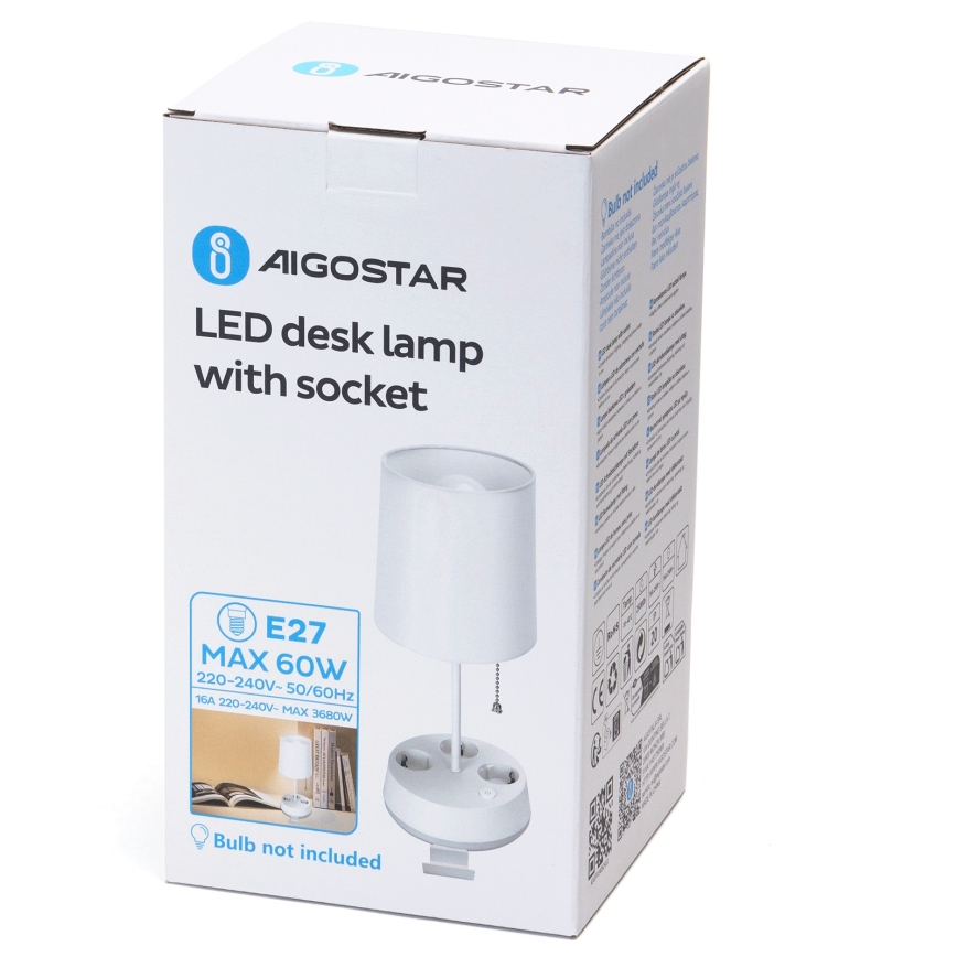 Aigostar - Lampa stołowa z gniazdami 1xE27/60W/230V biała