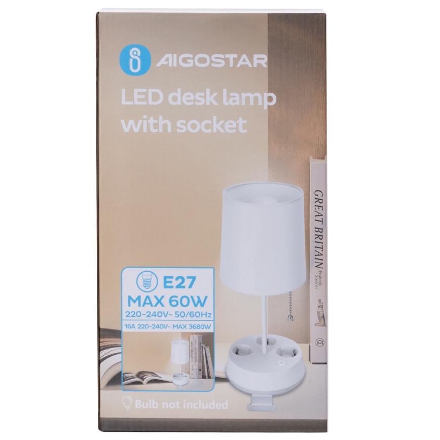Aigostar - Lampa stołowa z gniazdami 1xE27/60W/230V biała