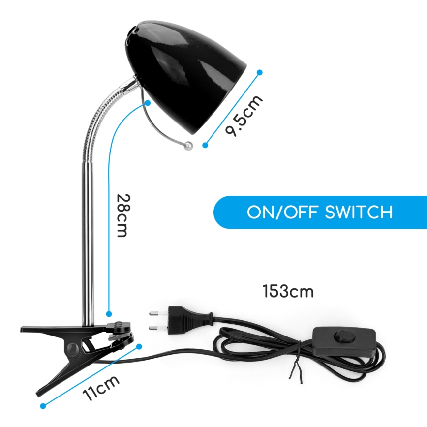 Aigostar -  Lampa stołowa z klipsem 1xE27/11W/230V czarny/chrom błyszczący