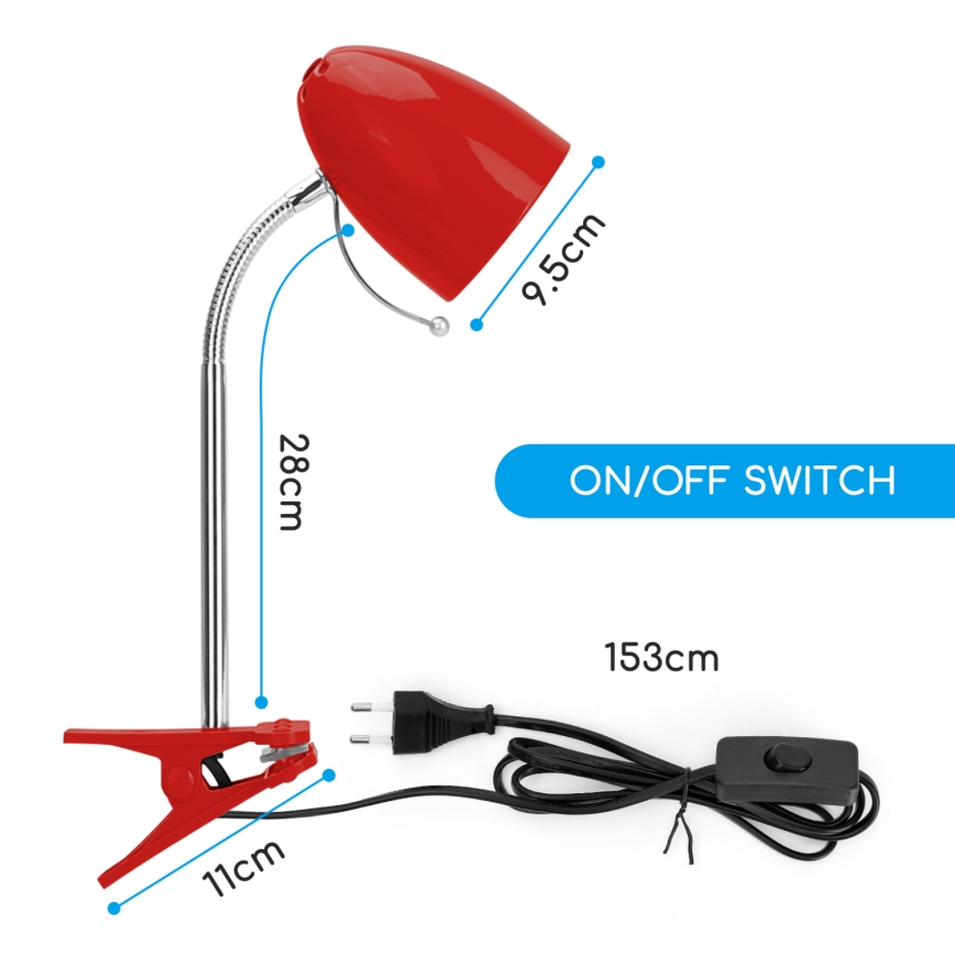Aigostar - Lampa stołowa z klipsem 1xE27/11W/230V czerwony/chrom błyszczący