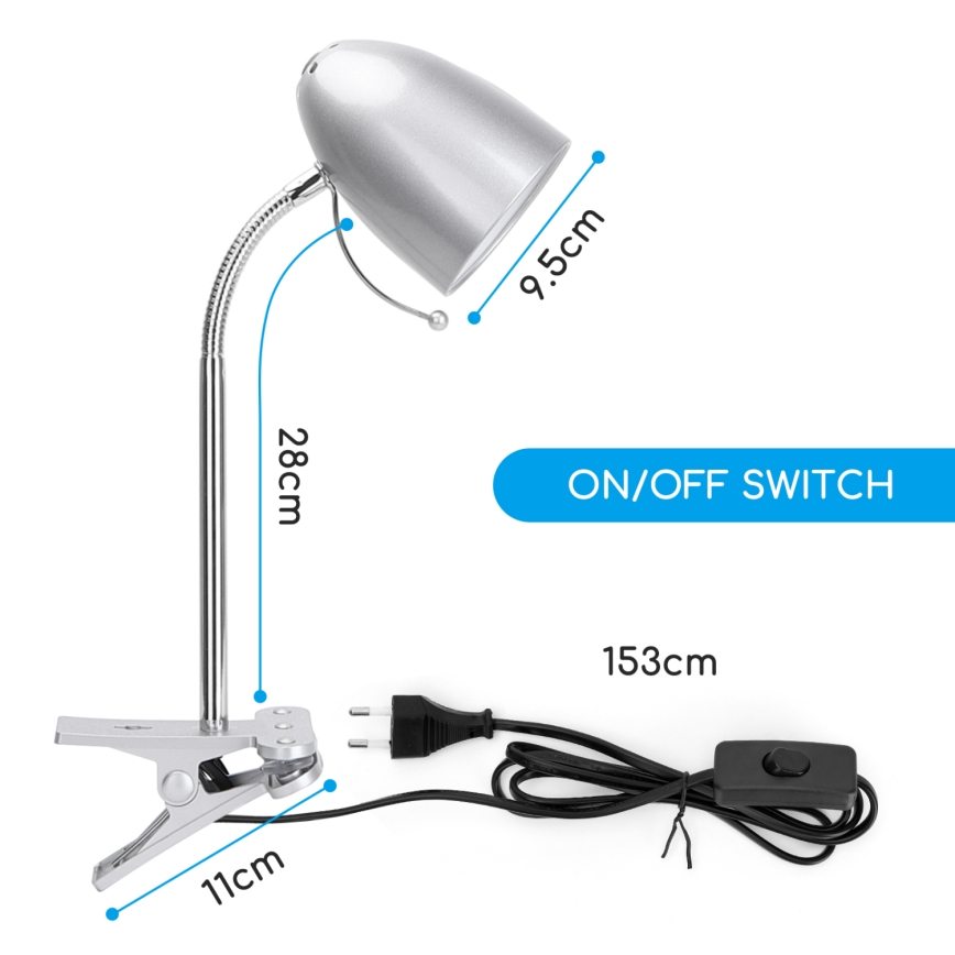 Aigostar -  Lampa stołowa z klipsem 1xE27/11W/230V srebrny/chrom błyszczący