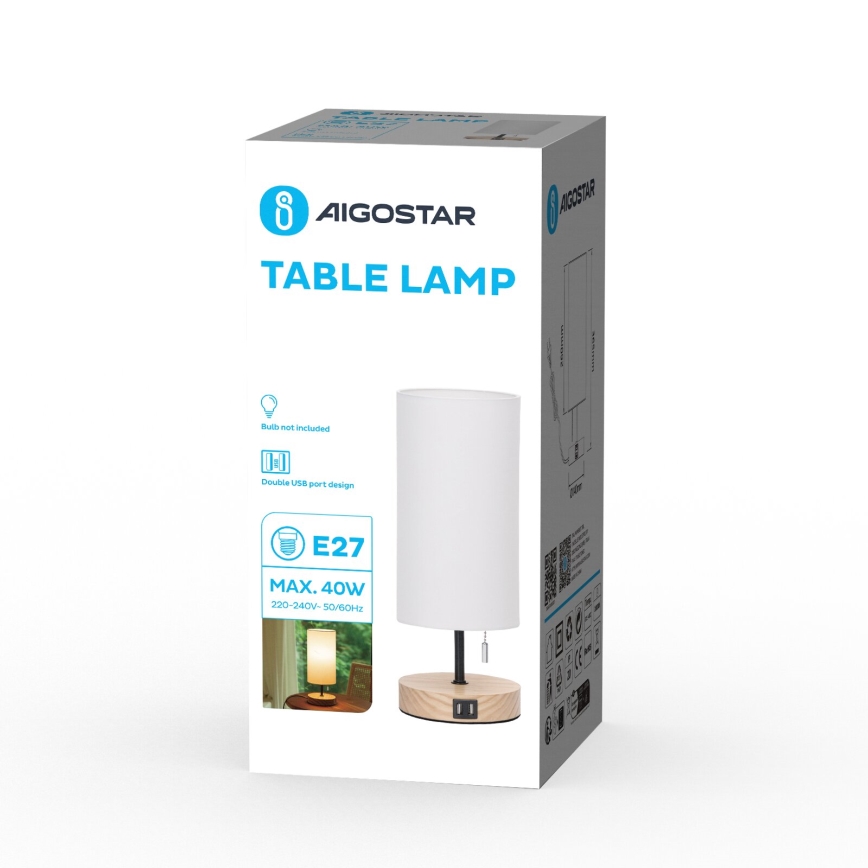 Aigostar - Lampa stołowa z portem USB 1xE27/40W/230V beżowy