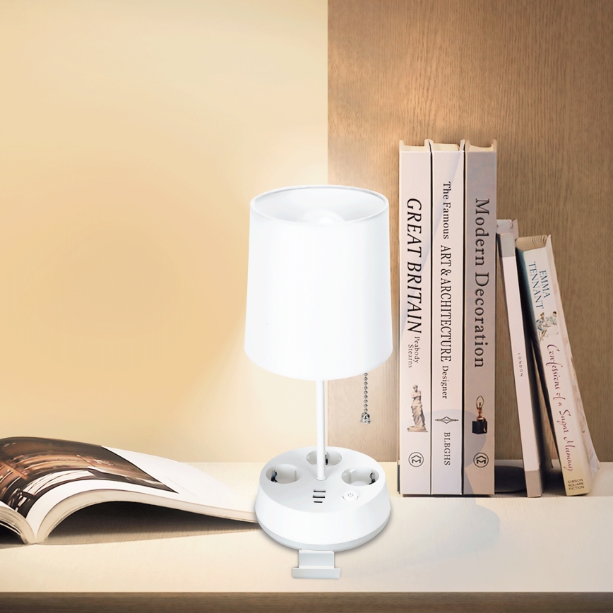 Aigostar - Lampka stołowa z gniazdkami i portami USB 1xE27/60W/230V biała