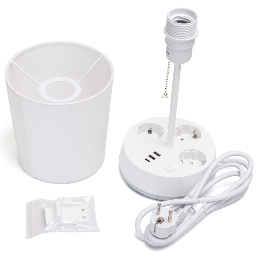 Aigostar - Lampka stołowa z gniazdkami i portami USB 1xE27/60W/230V biała