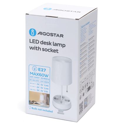 Aigostar - Lampka stołowa z gniazdkami i portami USB 1xE27/60W/230V biała