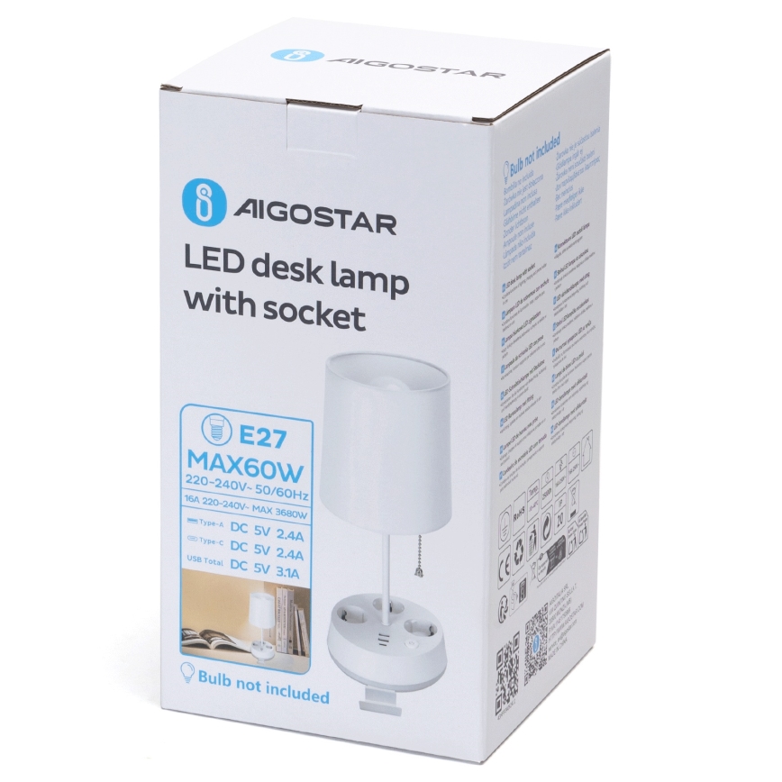 Aigostar - Lampka stołowa z gniazdkami i portami USB 1xE27/60W/230V biała