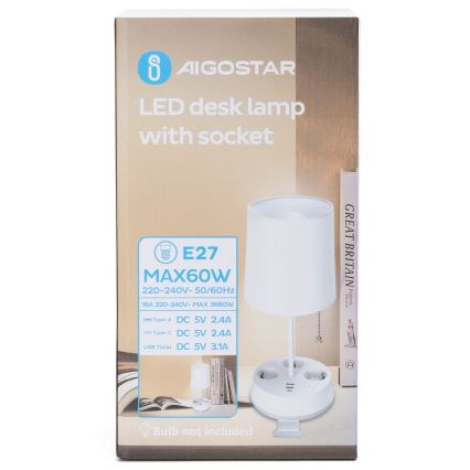 Aigostar - Lampka stołowa z gniazdkami i portami USB 1xE27/60W/230V biała