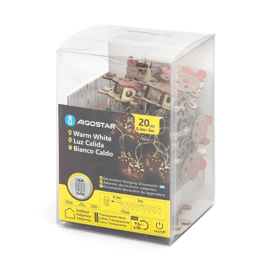 Aigostar - lampki choinkowe 20xLED/3xAA 3m ciepła biała renifer