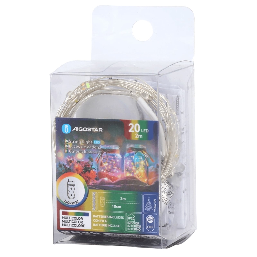 Aigostar - Lampki świąteczne LED 20 diod/2xCR2032 2m wielokolorowe