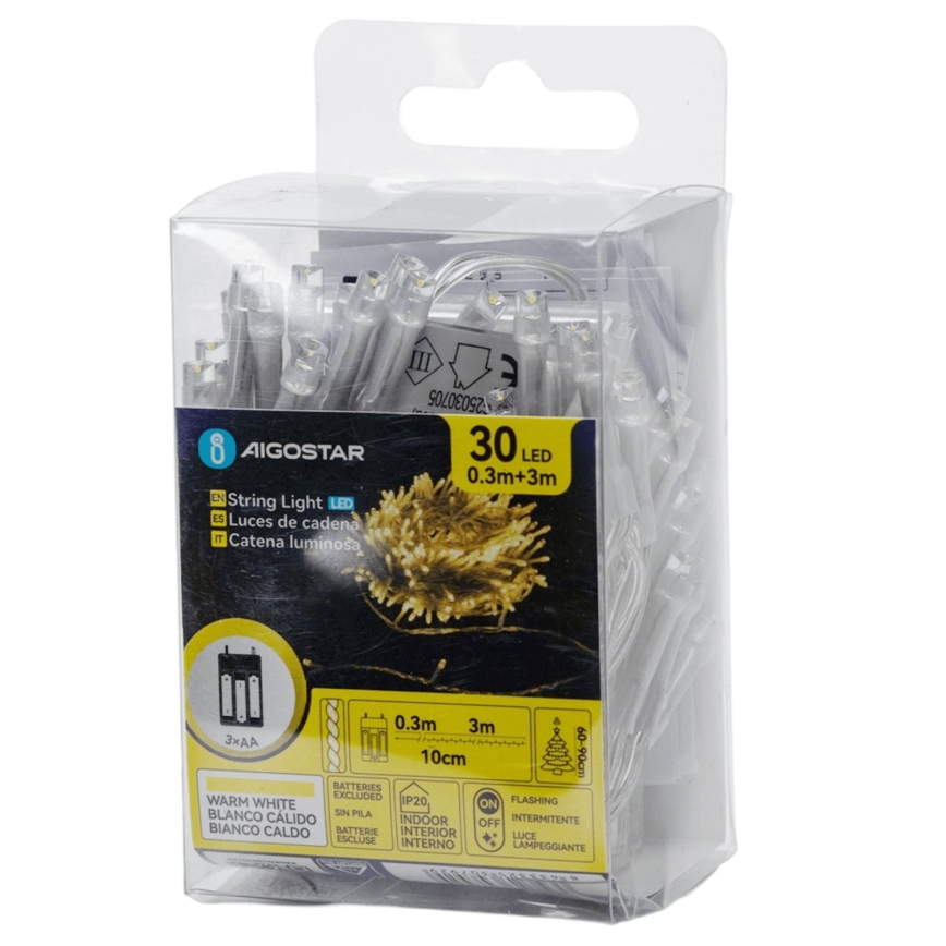 Aigostar - Lampki świąteczne LED 30xLED/3xAA 3,3m ciepła biała