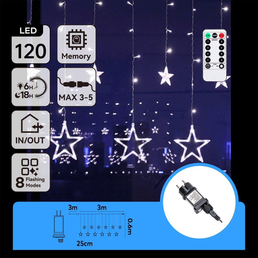 Aigostar - Lampki świąteczne zewnętrzne LED 120xLED/8 funkcji 3x0,6 m IP44 zimnobiałe + z pilotem