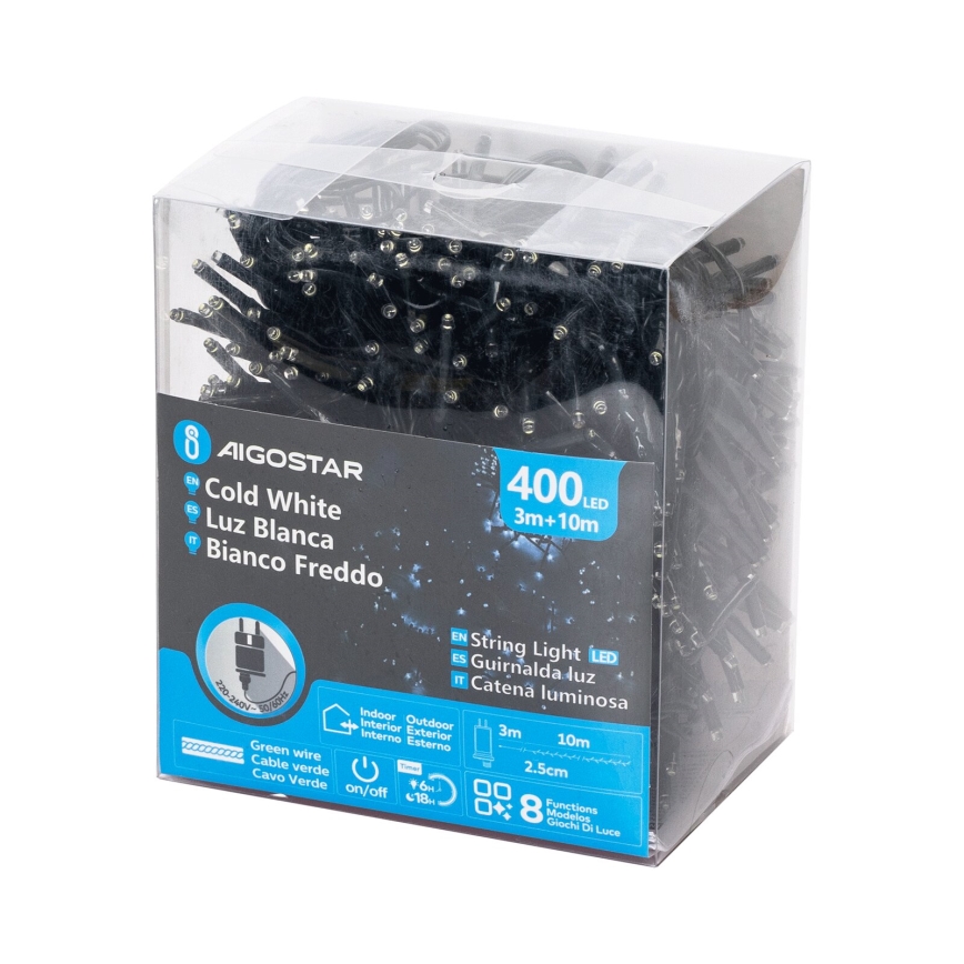Aigostar - Lampki świąteczne zewnętrzne LED 400xLED/8 funkcji 13m IP44 zimna biel