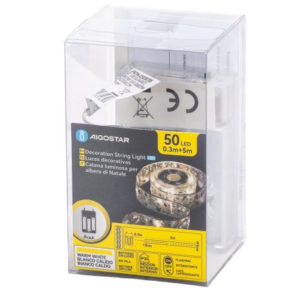 Aigostar - łańcuch LED 50xLED/3xAA, 5 m, ciepła biel, srebrny