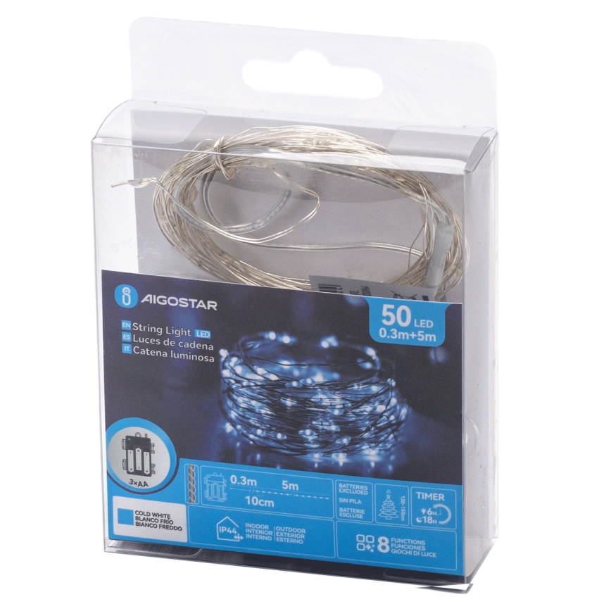 Aigostar - Girlanda LED zewnętrzna 50xLED/3xAA IP44 5,3 m zimna biel