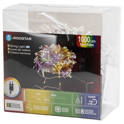 Aigostar - Łańcuch LED zewnętrzny 1000 diod LED/8 funkcji 53m IP44 wielokolorowy
