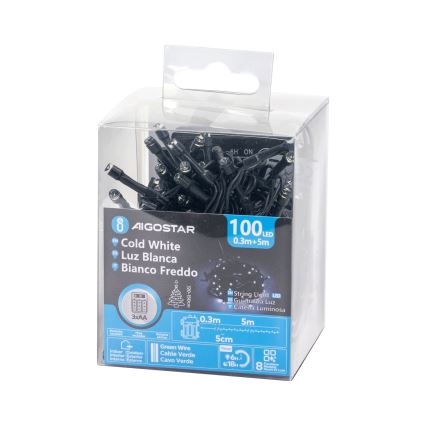 Aigostar - Zewnętrzny łańcuch świetlny 100 diod LED/8 trybów 3xAA 5,3 m IP44 zimna biel