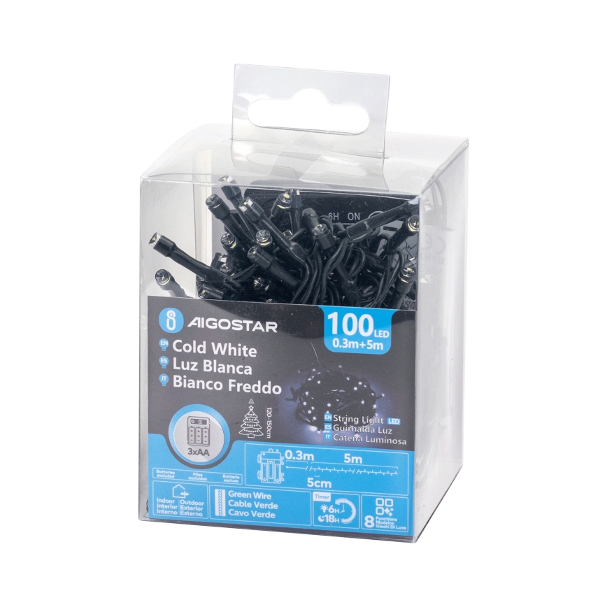 Aigostar - Zewnętrzny łańcuch świetlny 100 diod LED/8 trybów 3xAA 5,3 m IP44 zimna biel