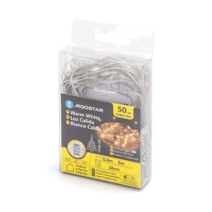Aigostar - łańcuch świetlny LED, 50 diod/3×AA, długość 5,3 m, ciepła biała